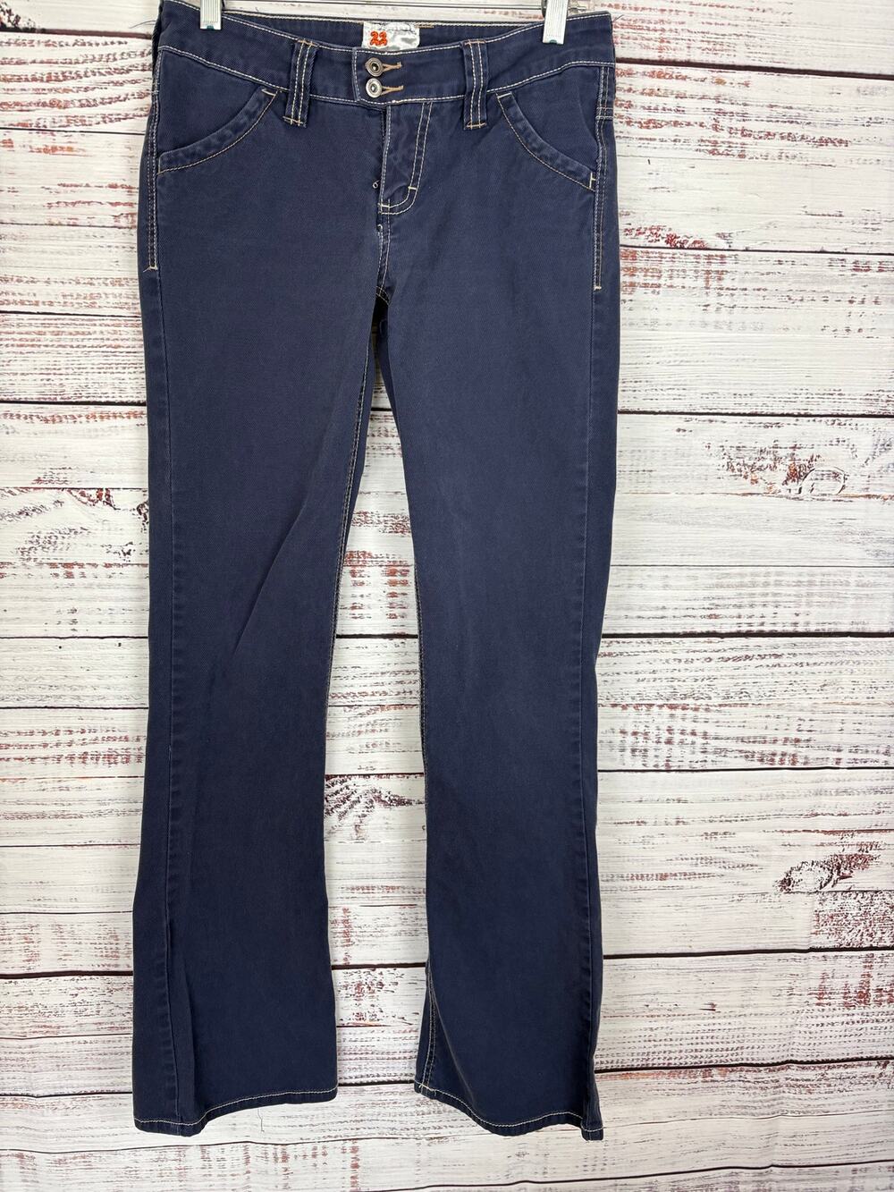 Twill Twenty Two Y2K Blue Low Rise Boot Flare Flap Pockets Jeans Womens Sz 27X33